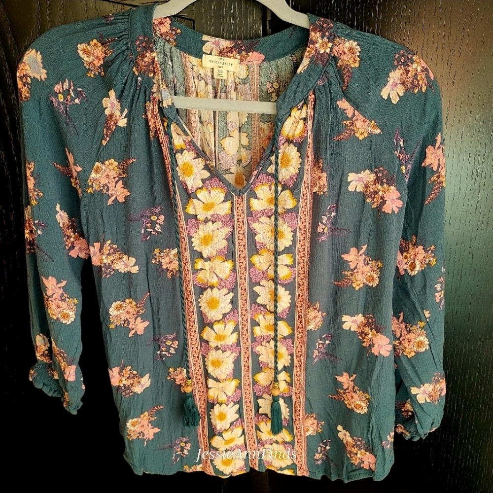 Mason & Belle Green Floral Tie V-neckline Peasant Boho Blouse Shirt Size XS
